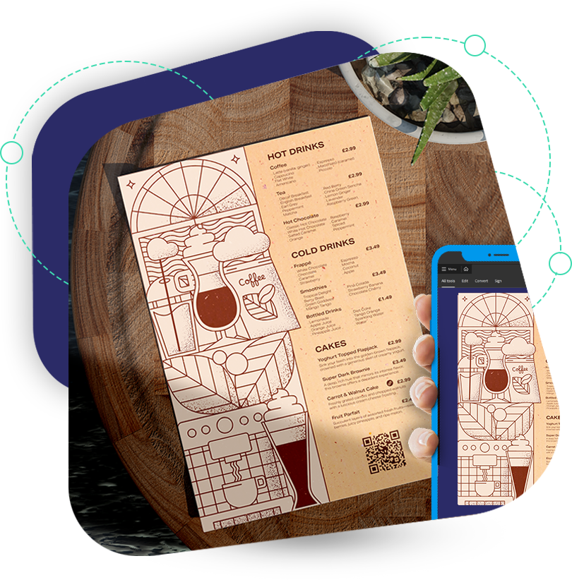 Hard copy menu on table with menu QR Codes on mobile device