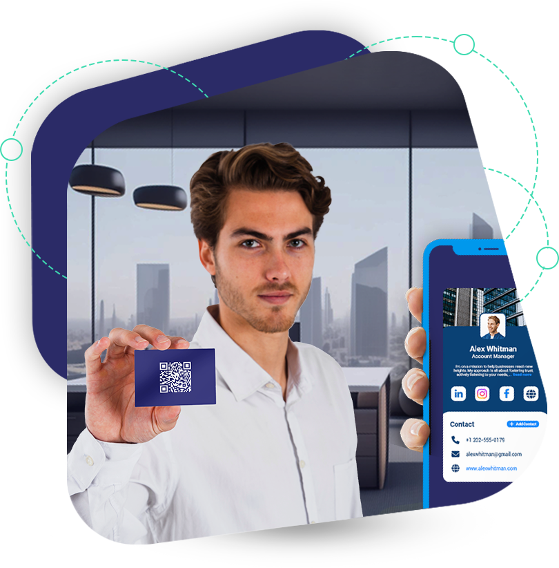 Man holding business card with QR Code