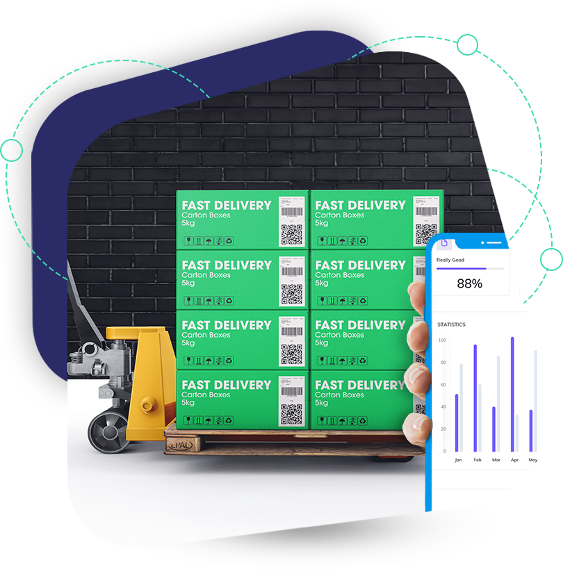 Stacked inventory in a factory with QR Codes for inventory management